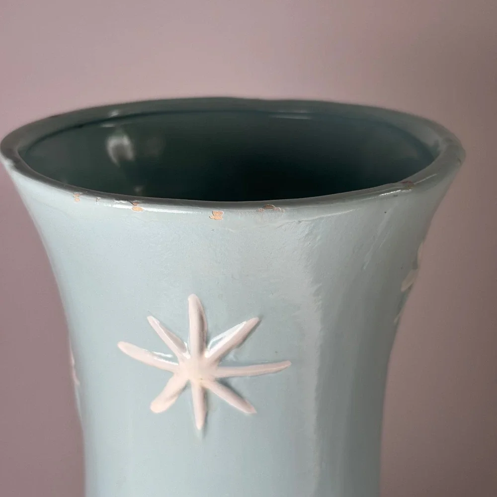 VTG Ceramic Vase 9.5in Blue Mid Century Modern Raised Atomic Starburst Hourglass